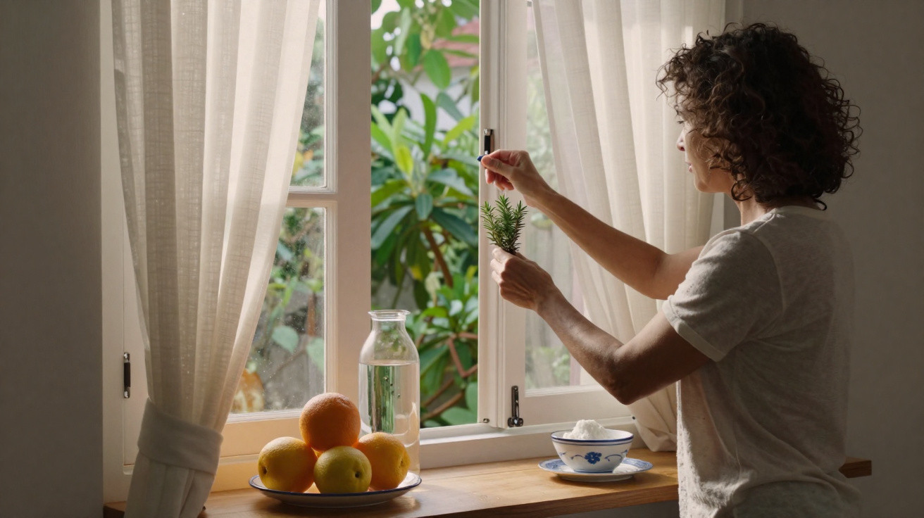 Mulher abre janela junto a fruteira com maçãs e laranjas numa cozinha iluminada natural.