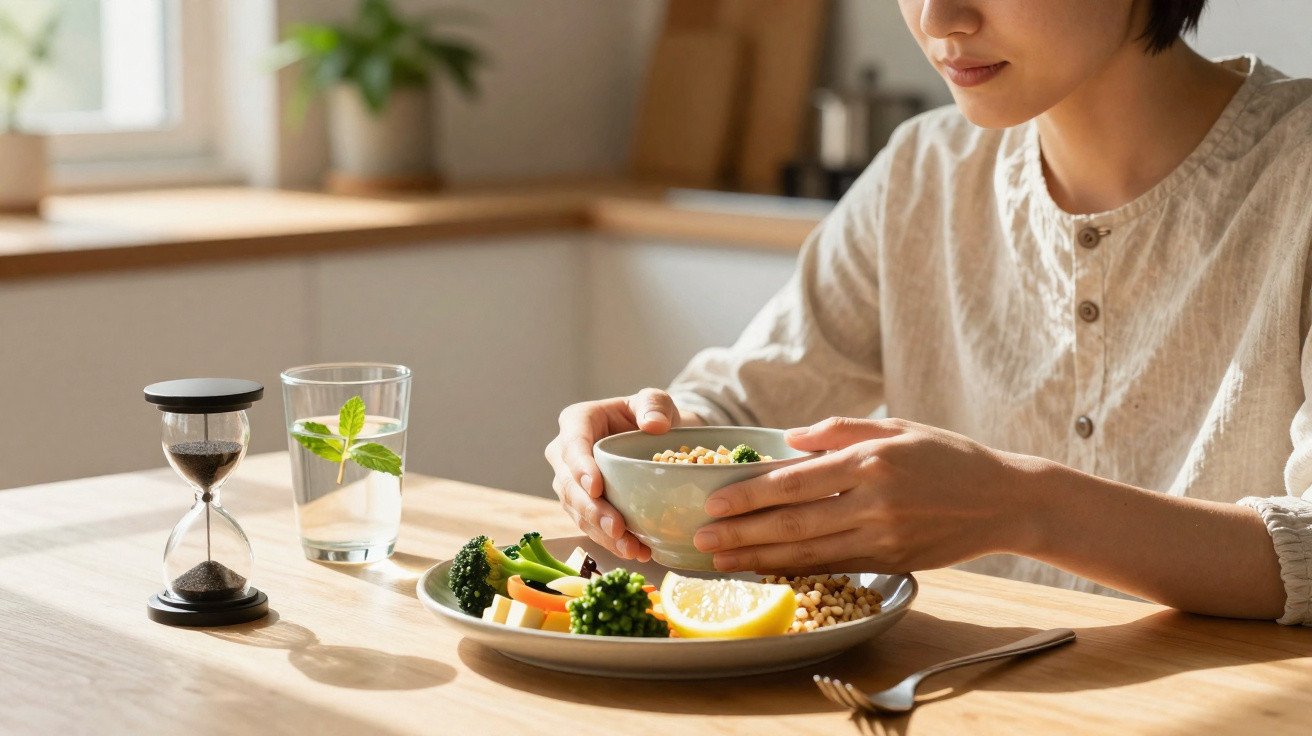 Pessoa a segurar uma tigela de comida à mesa com prato de legumes, copo de água e ampulheta.