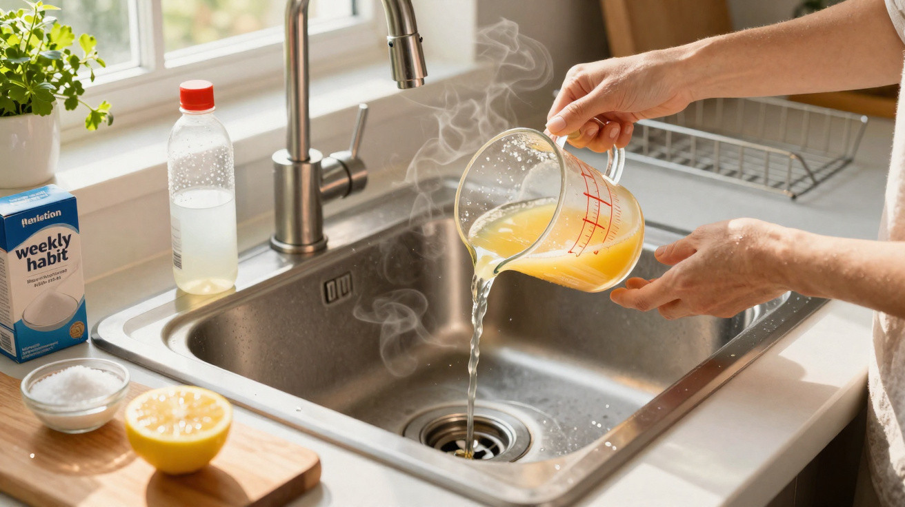 Pessoa a verter líquido quente num lava-louças com limões e produtos de limpeza ao lado na cozinha.