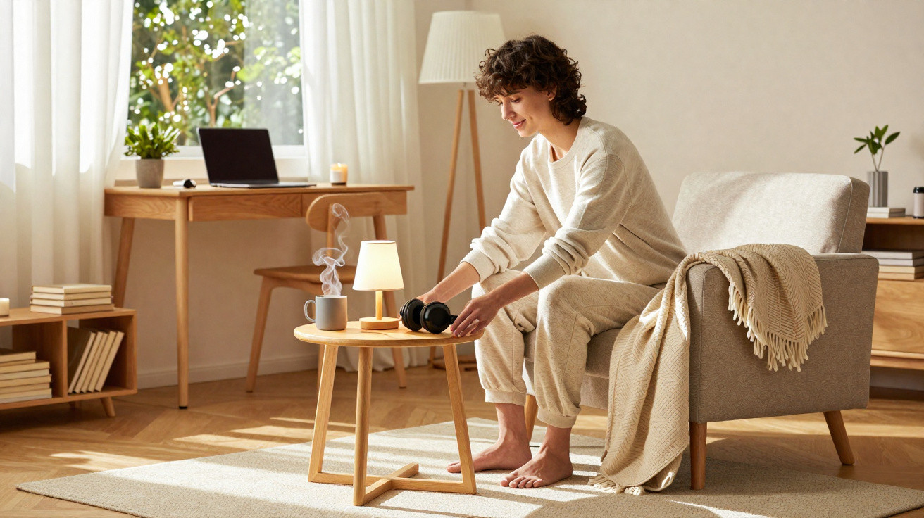 Pessoa sentada numa cadeira a pegar em auscultadores numa mesa pequena num espaço iluminado e acolhedor.
