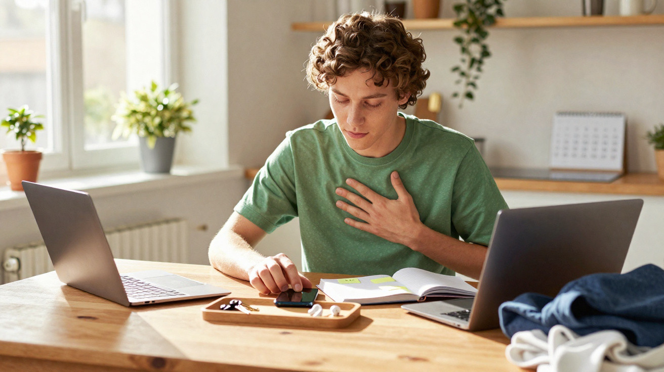 Jovem sentado à mesa com computador, livros e telemóvel, aparentemente cansado ou com dor no peito.