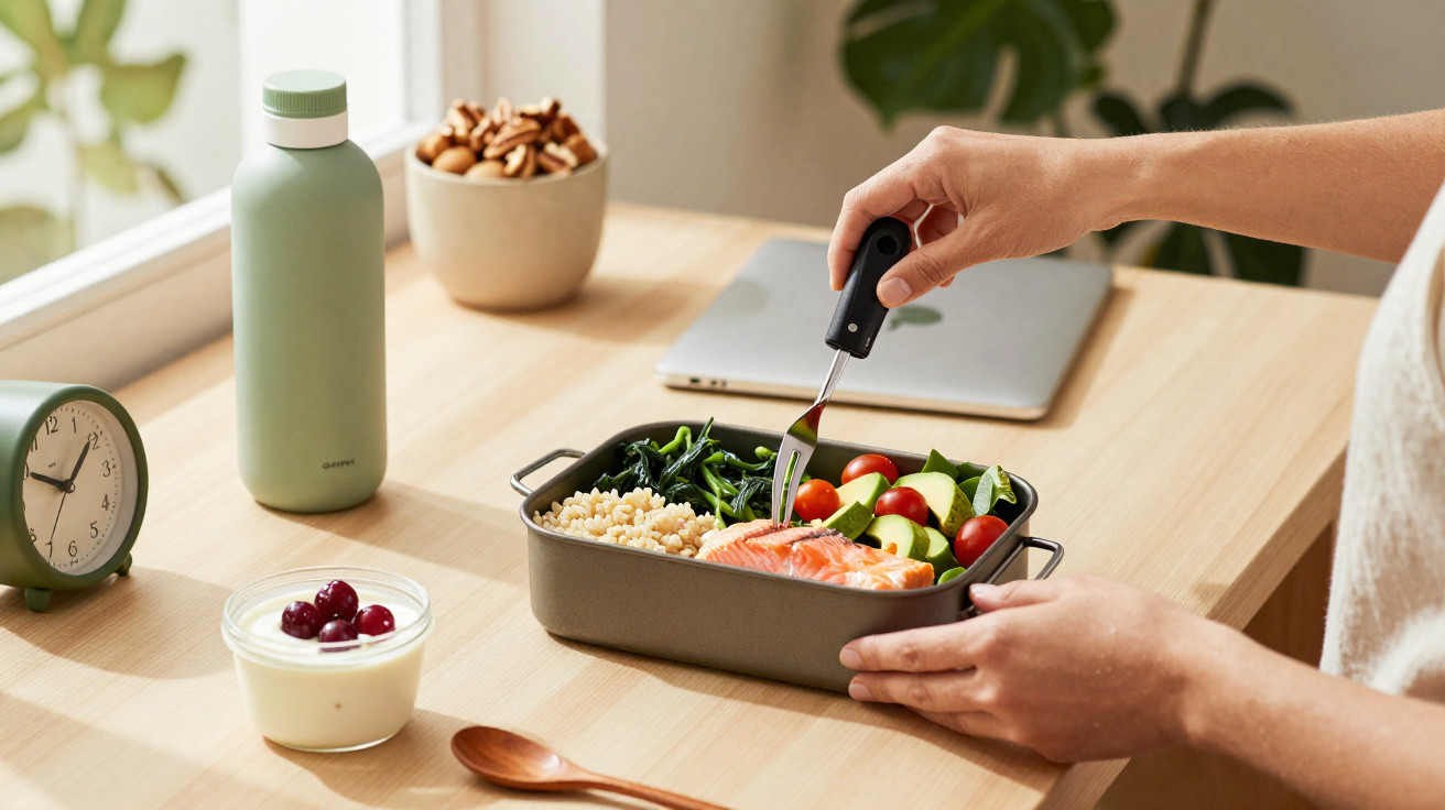 Pessoa a temperar salada com salmão, abacate, tomate e folhas verdes numa mesa com computador e alimentos.