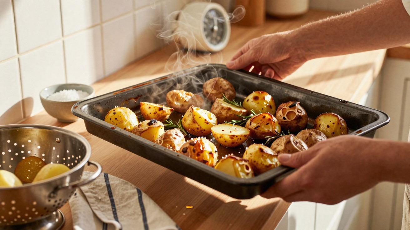 Tabuleiro com batatas assadas com sal grosso e alecrim fumegantes, segurado por duas mãos numa cozinha.