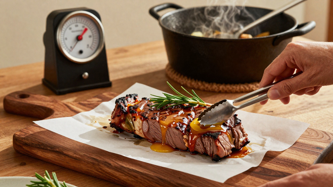 Bife grelhado com molho a escorrer cortado com garfo, ramo de alecrim e termómetro de carne numa tábua de cortar.