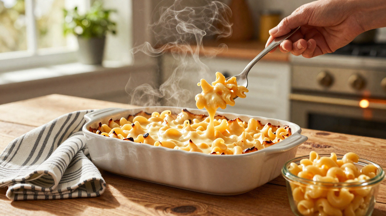 Mão a servir macarrão com queijo cremoso e fumegante num tabuleiro branco sobre mesa de madeira.