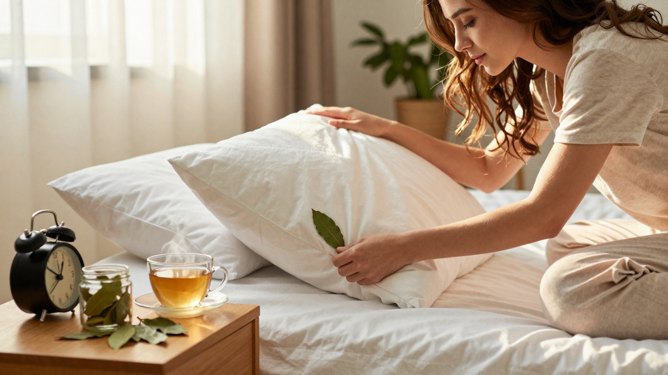 Mulher a dormir na cama, com uma folha na mão, e chá quente ao lado numa mesa de cabeceira.