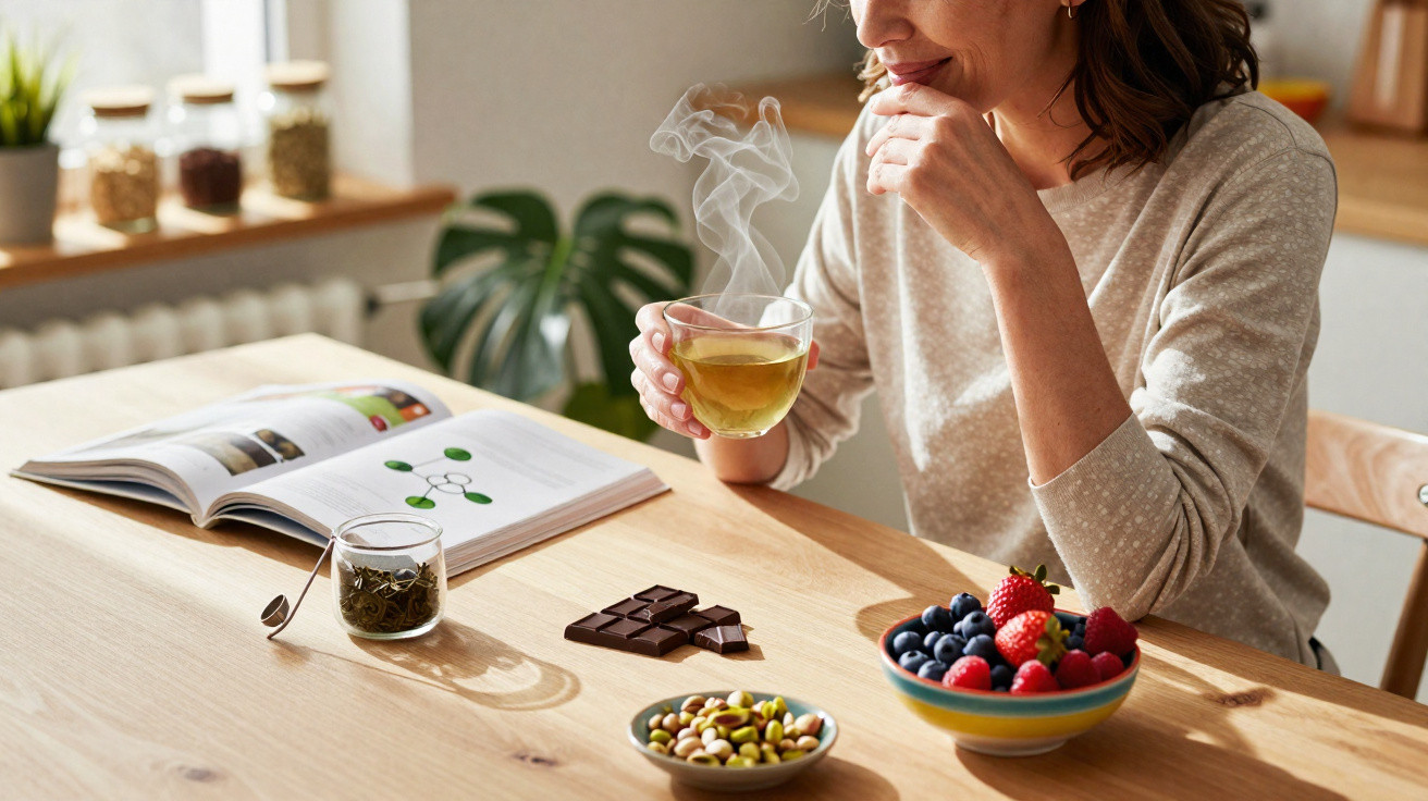 Mulher a beber chá quente, com chocolate, frutos secos e frutos vermelhos numa mesa de madeira.