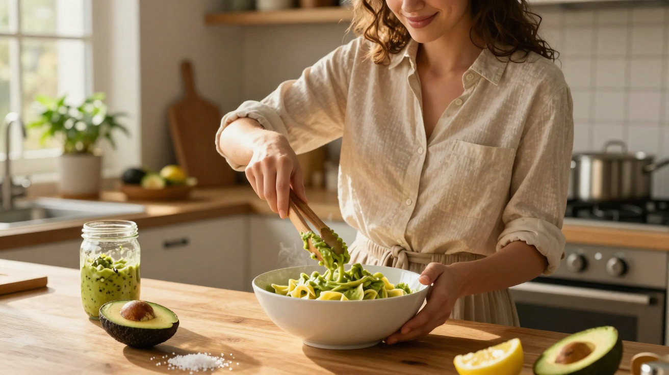 Mulher a preparar massa fresca verde na cozinha moderna com ingredientes naturais na bancada.