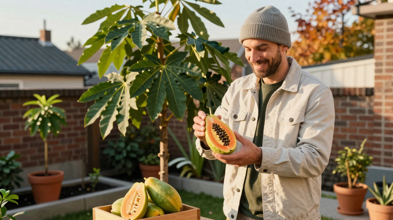 Homem de gorro a segurar metades de papaia num jardim com árvores e vasos de plantas ao fundo.