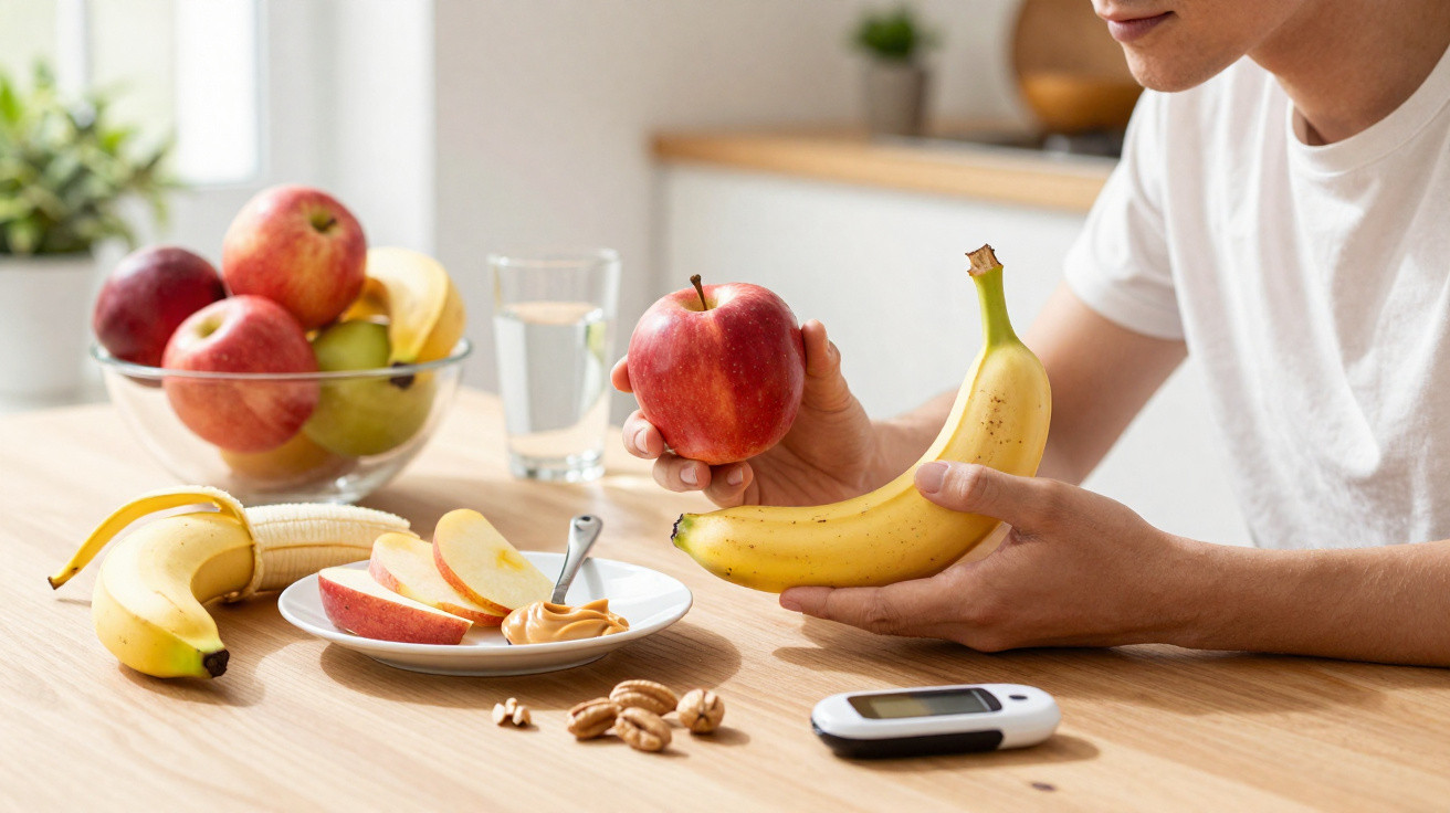 Pessoa com maçã e banana na cozinha, com frutas, manteiga de amendoim e medidor de glicose na mesa.
