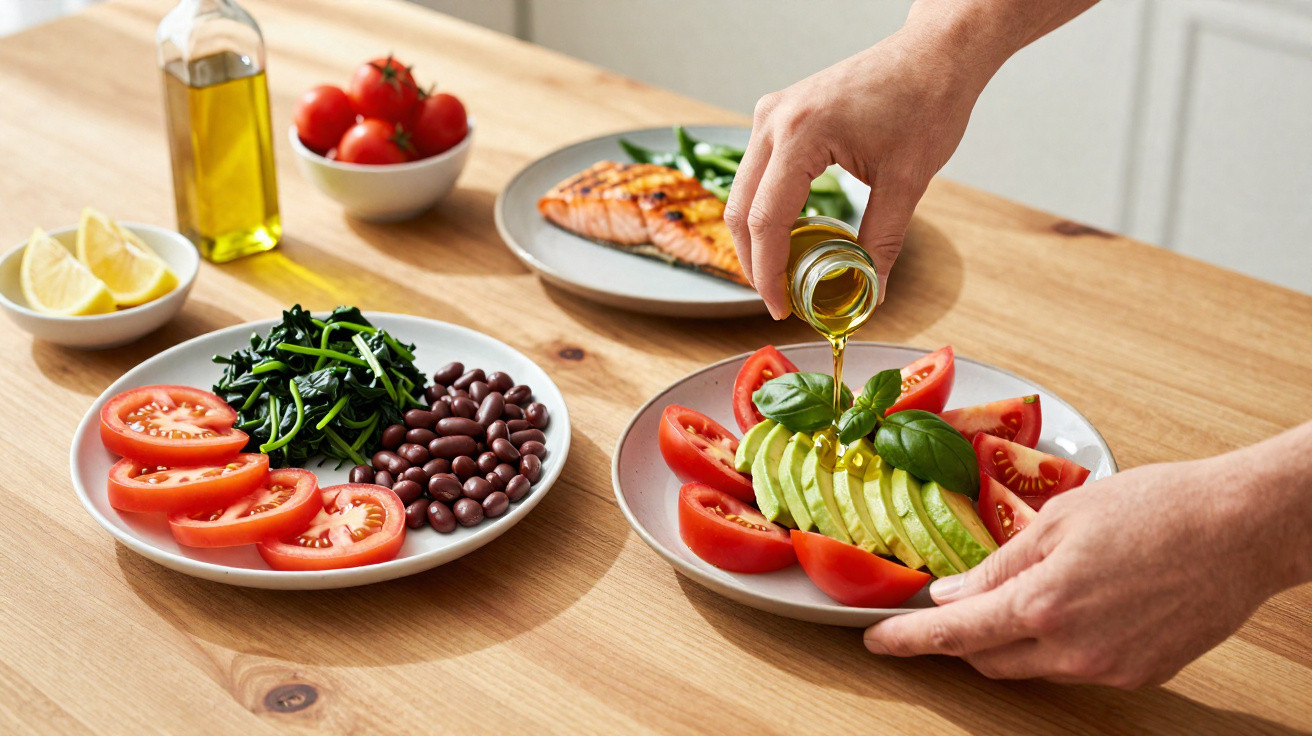 Prato com tomate, abacate e manjericão a receber azeite, ao lado de prato com tomate, feijão e espinafres, e salmão grelhado.
