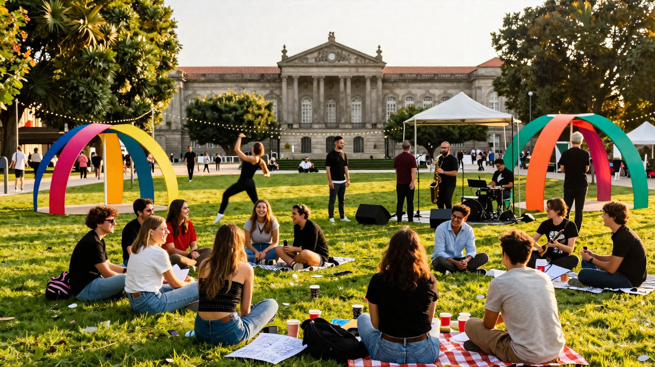 Grupo de jovens sentados em relvado, com música ao vivo e edifício histórico ao fundo durante evento ao ar livre.