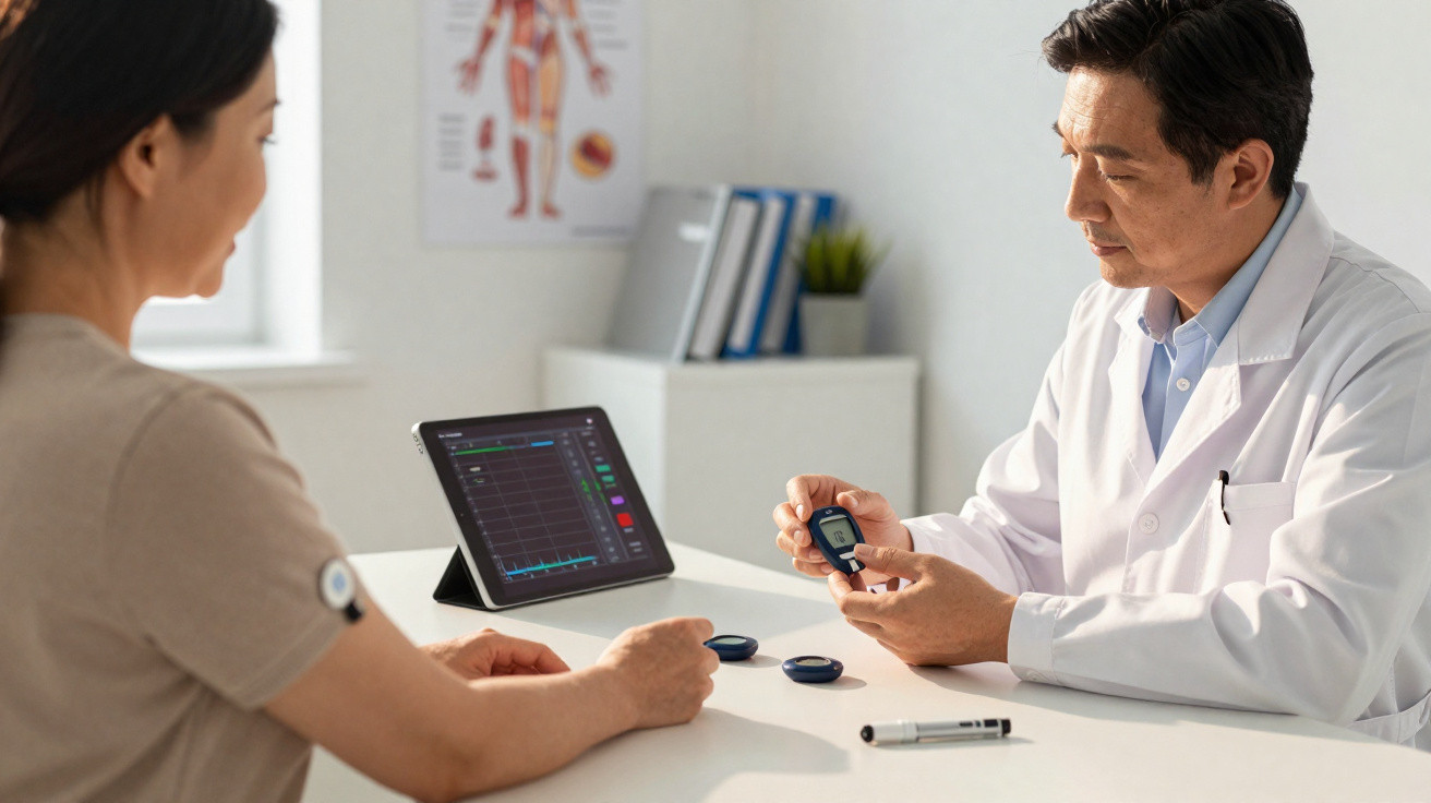 Paciente com sensor de glicemia no braço consulta médico numa clínica com tablet a mostrar gráficos.