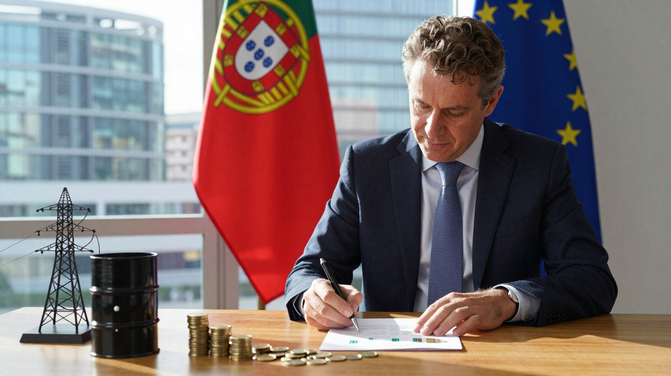 Homem de fato a assinar documento numa mesa com bandeiras de Portugal e da UE ao fundo.