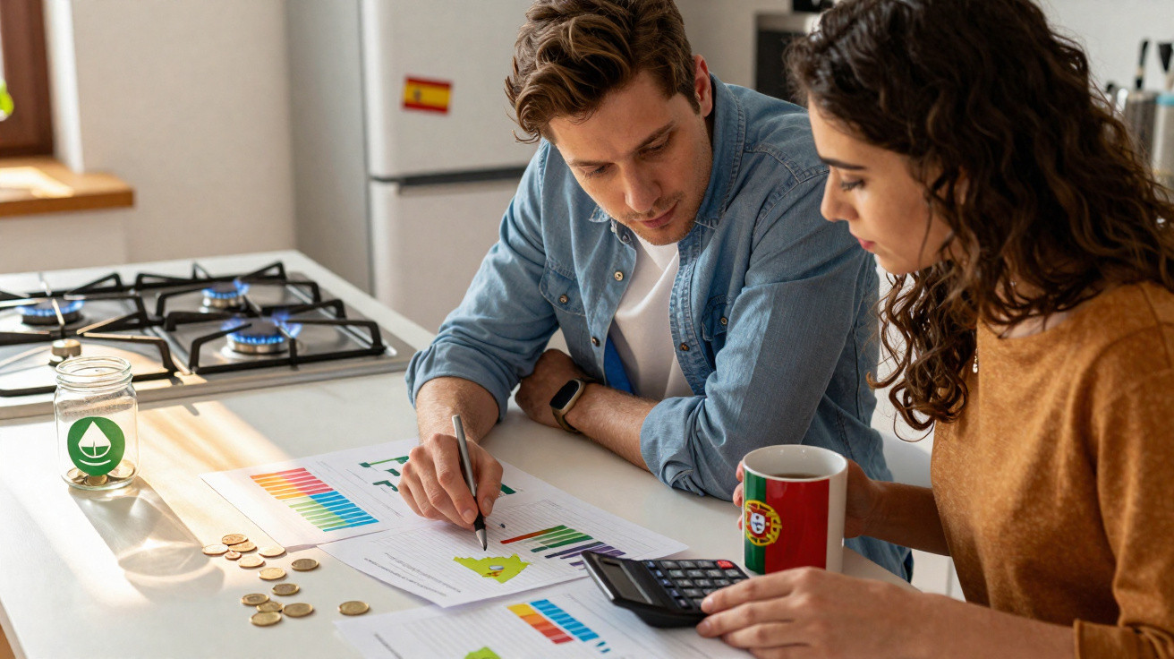 Jovem casal a analisar gráficos financeiros com moedas numa cozinha, com símbolos de Espanha e Portugal visíveis.
