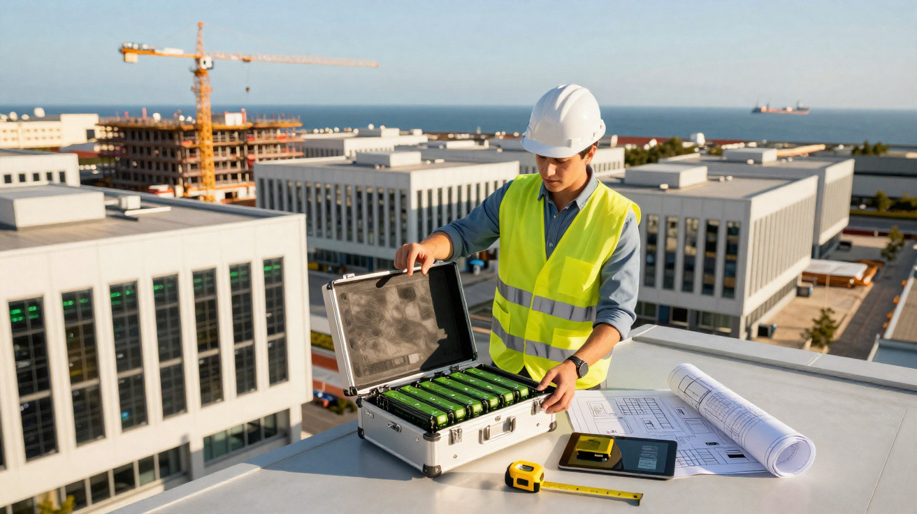 Engenheiro em colete e capacete observa hard drives numa caixa em cima de prédio com vista urbana e obra.