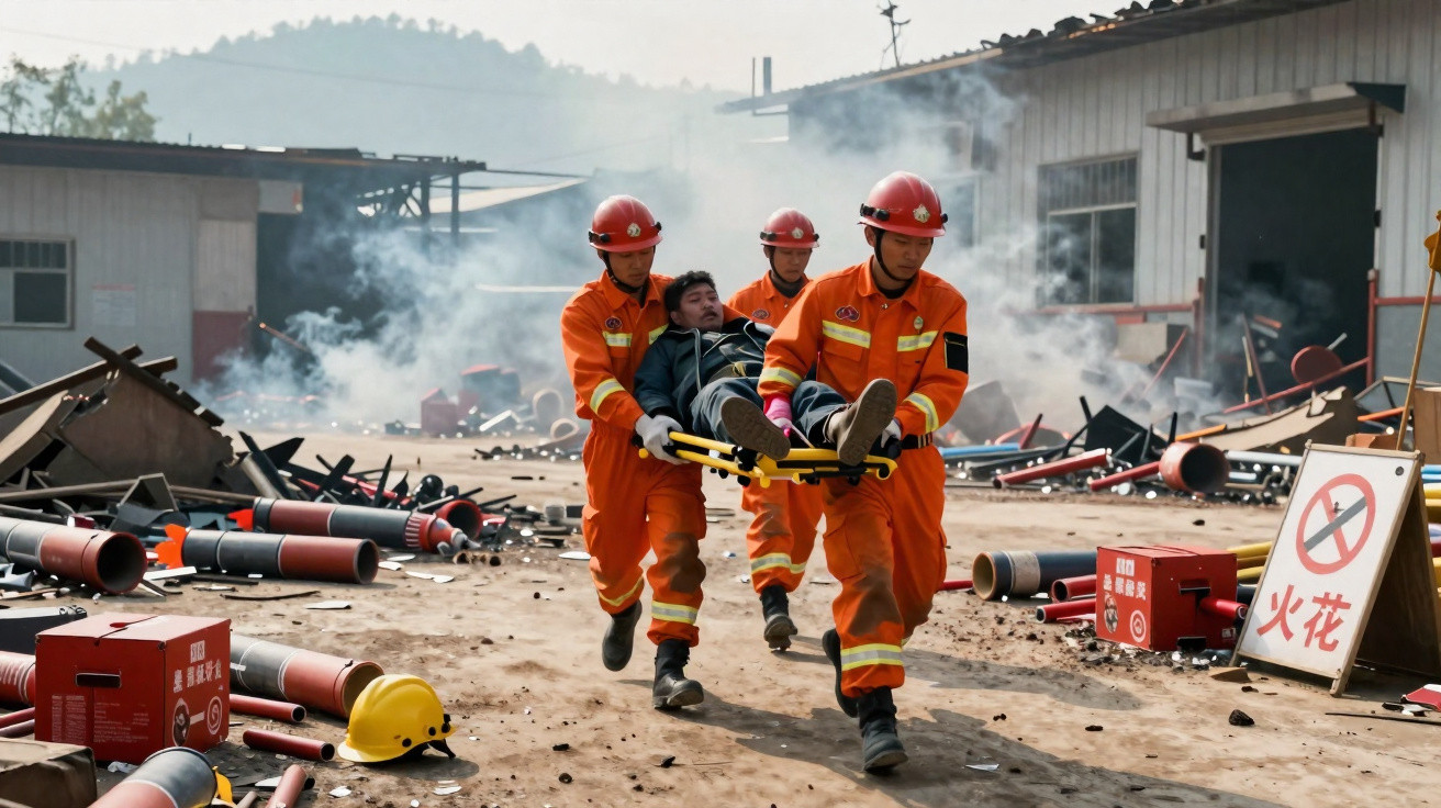 Bombeiros em macacão laranja transportam vítima com maca em cenário de destruição e fumo no chão.