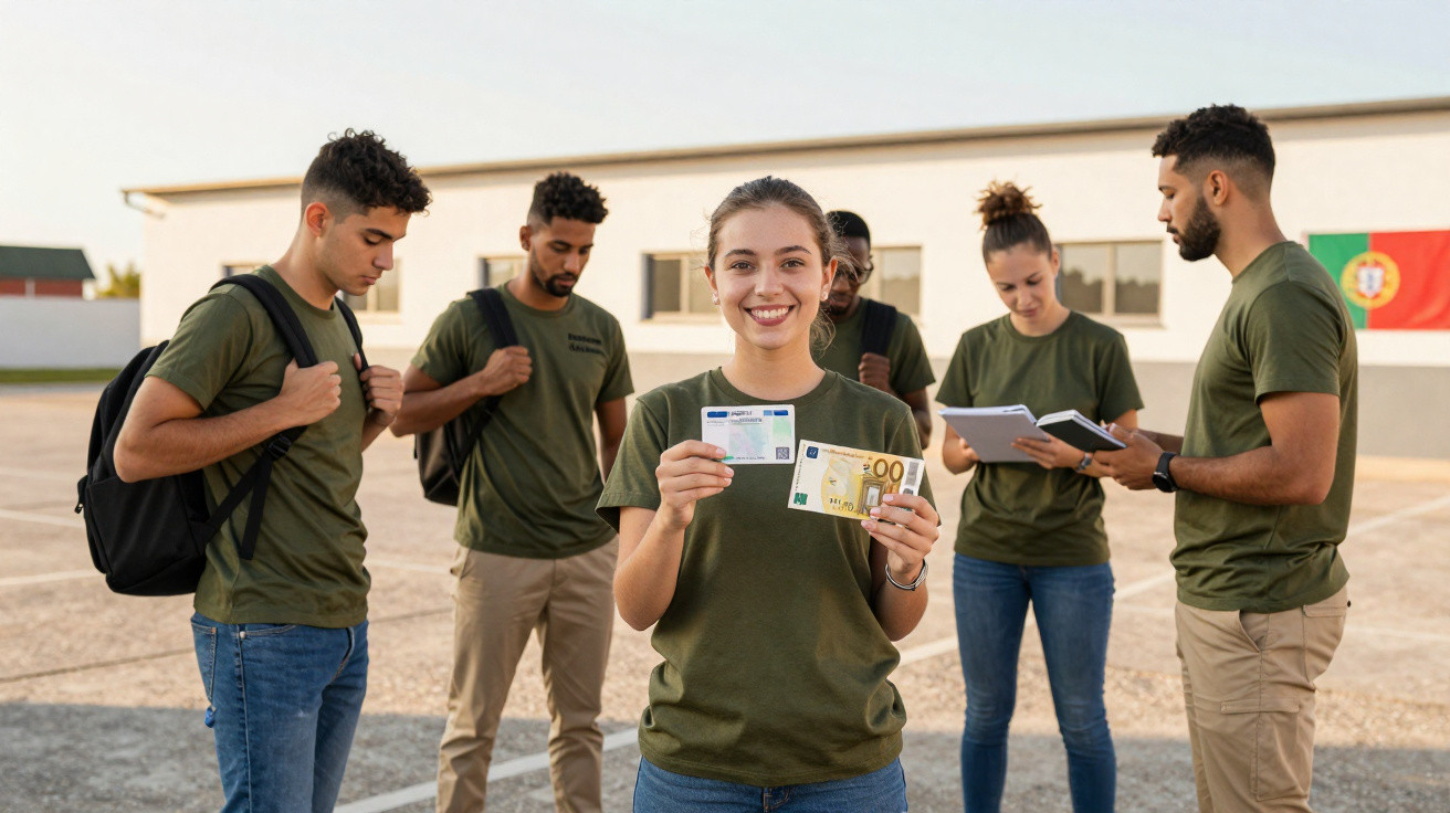 Grupo de jovens militares em treino, com mulher a mostrar cartão e envelope com dinheiro.