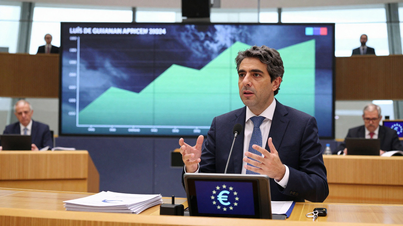 Homem a discursar em conferência com gráfico de crescimento e símbolo do euro em ecrã digital.