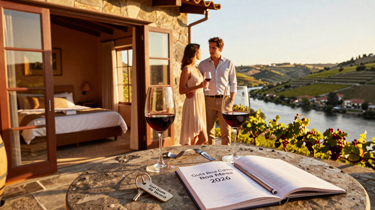 Casal com copos de vinho junto a porta de quarto com vista para rio e vinhas ao pôr do sol.