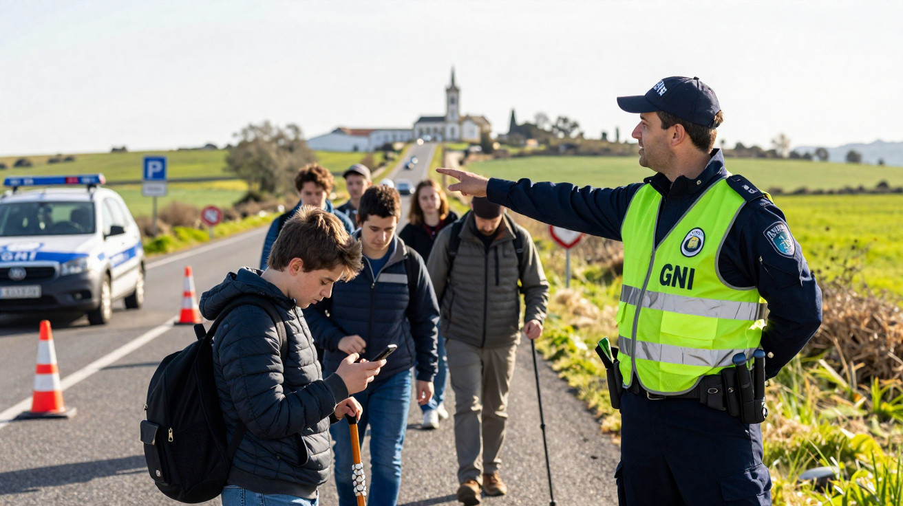 Polícia com colete refletor dirige grupo de pessoas que caminham em estrada rural com viatura e cones na berma.