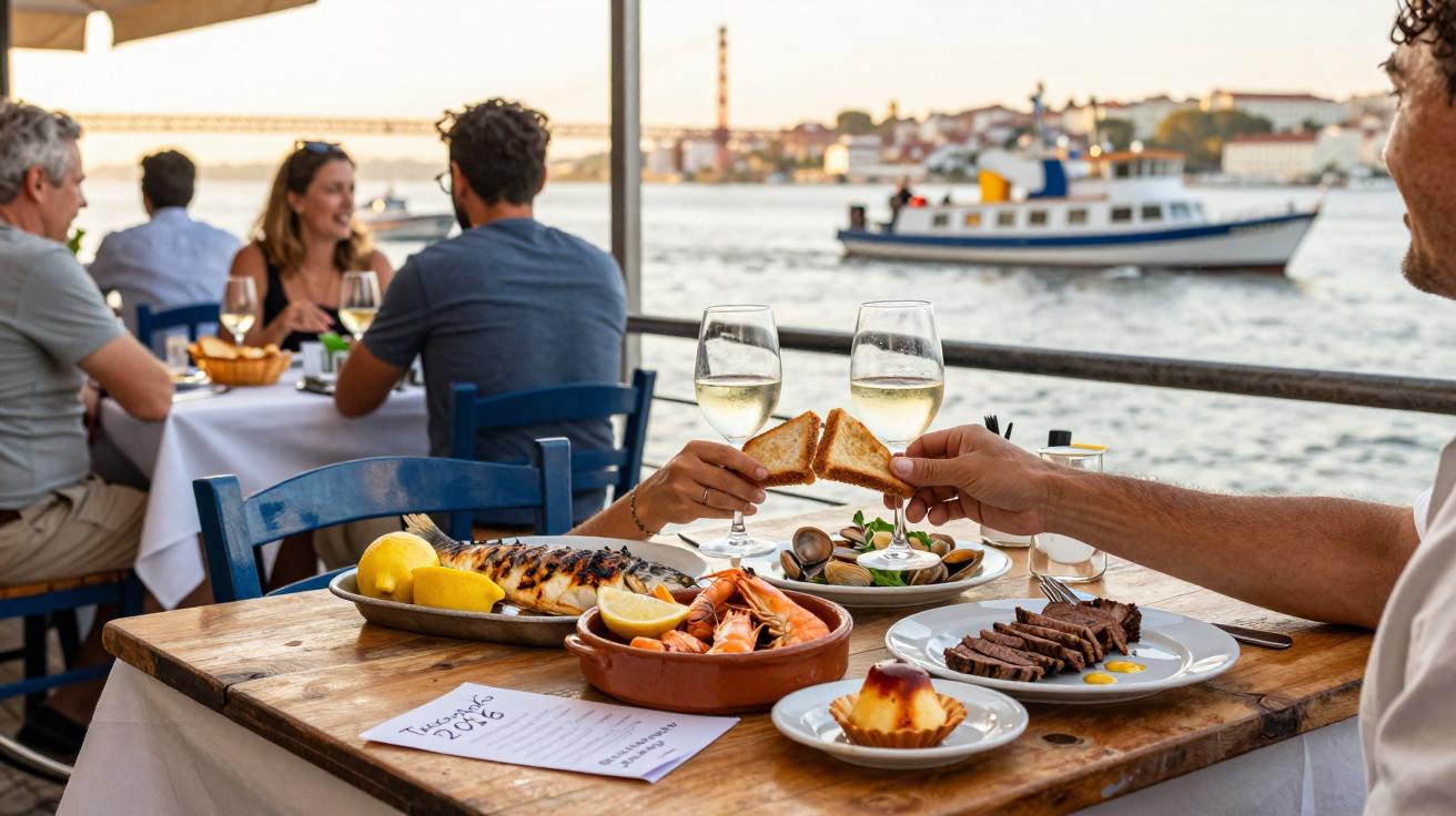 Mesa com pratos de marisco e vinho branco num restaurante à beira-mar ao pôr do sol.