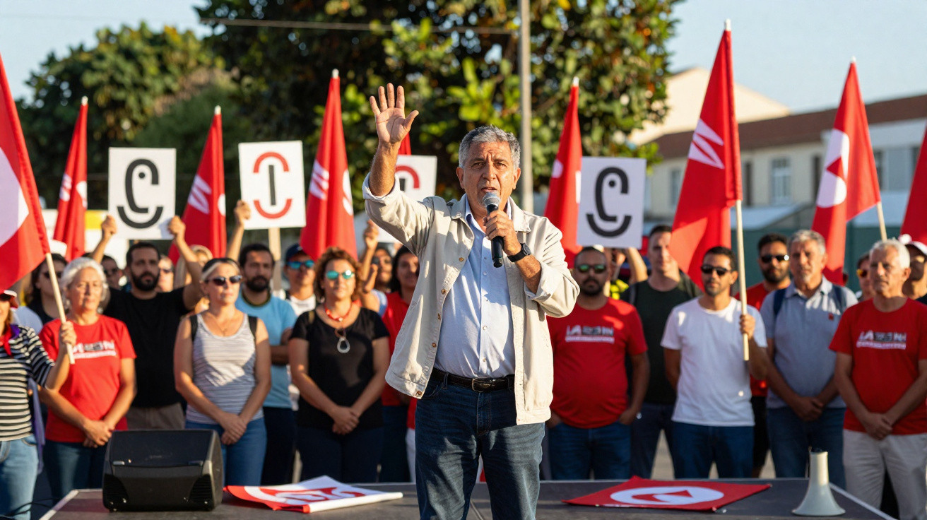 Homem a discursar em protesto com grupo de pessoas e bandeiras vermelhas ao fundo.