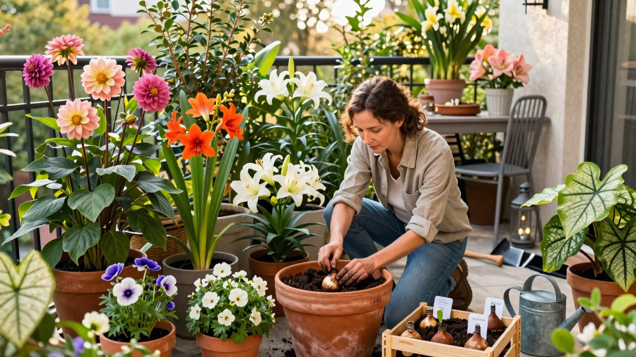 Mulher a plantar flores numa varanda com várias plantas e vasos coloridos ao redor, ao pôr do sol.
