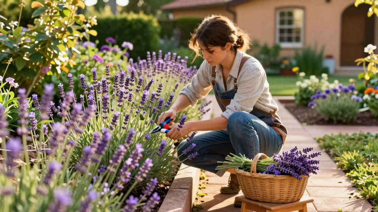 Mulher a apanhar flores de lavanda num jardim ensolarado, com cesta cheia ao lado.
