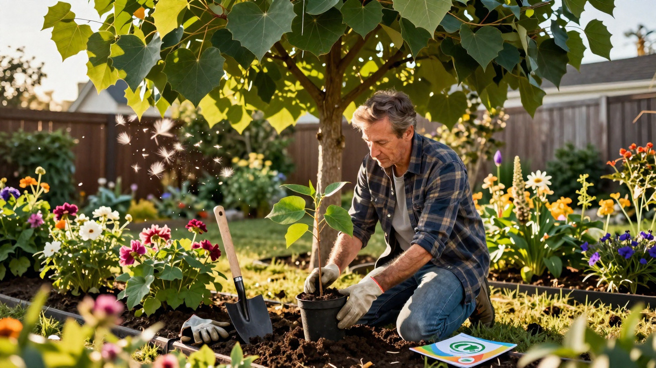 Homem a plantar uma árvore jovem num jardim cheio de flores coloridas ao nascer do sol.