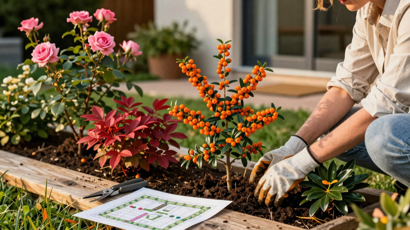 Pessoa a cuidar de plantas em canteiro com flores rosa, folhagem vermelha e arbusto com bagas laranja.