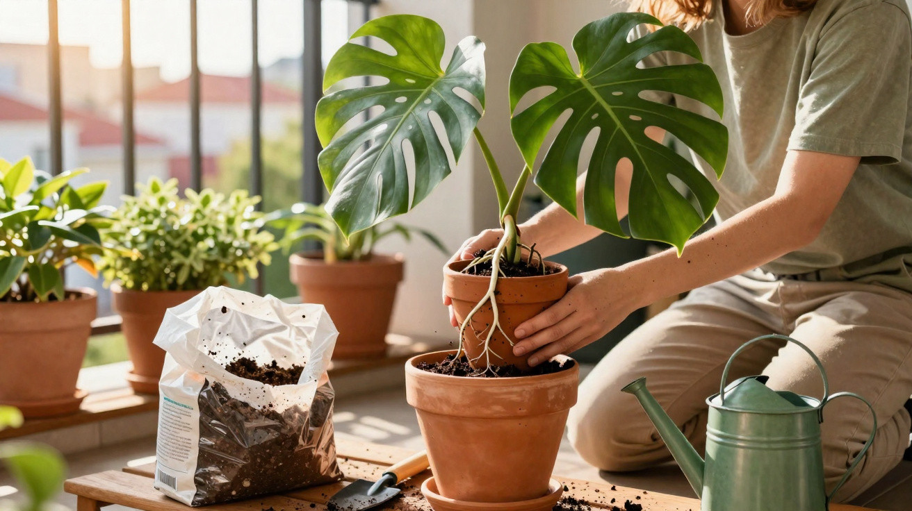 Pessoa a transplantar uma planta monstera num vaso de barro, com terra e regador à volta.