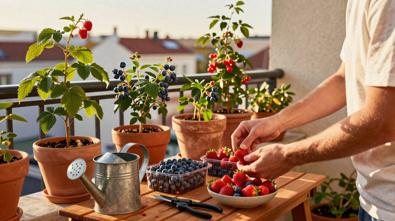 Pessoa a colocar morangos num recipiente ao lado de vasos com várias plantas e frutos num terraço.