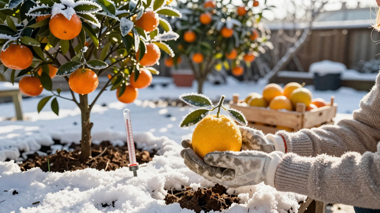 Mãos com luvas seguram tangerina com folhas, árvore e termómetro na neve ao fundo.