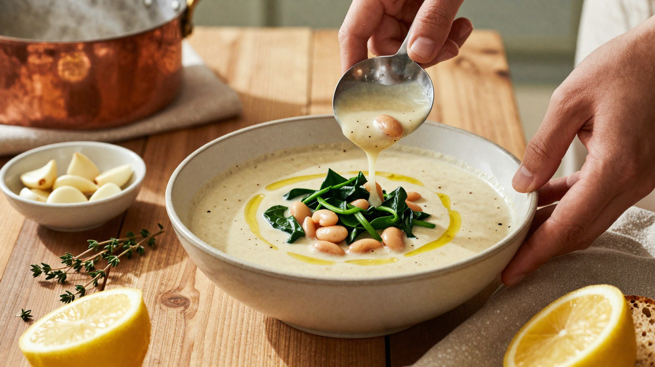 Mãos a servir sopa cremosa com feijão branco, espinafres e azeite numa tigela, com limão e alho ao lado.