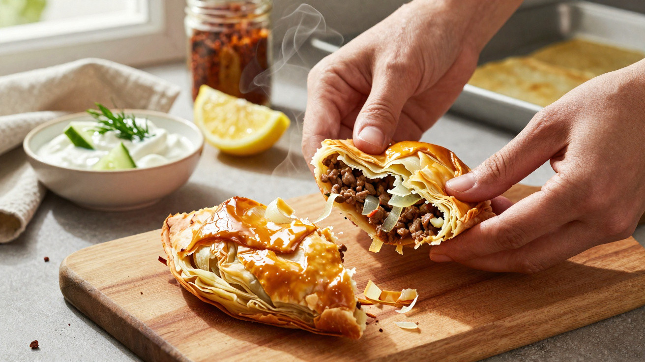 Mãos partidas pastel folhado recheado com carne moída e cebola sobre tábua de madeira, com molho e mel ao fundo.