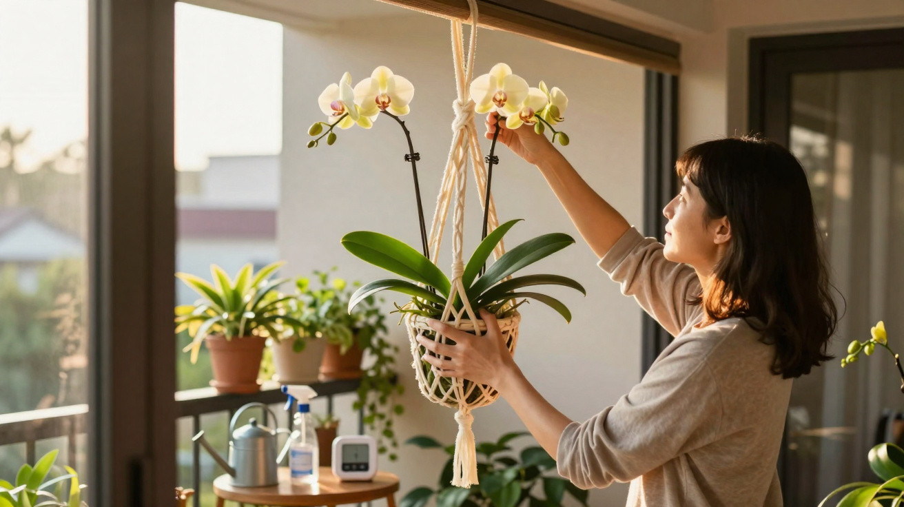 Mulher a cuidar de orquídeas brancas num vaso suspenso numa varanda ensolarada.
