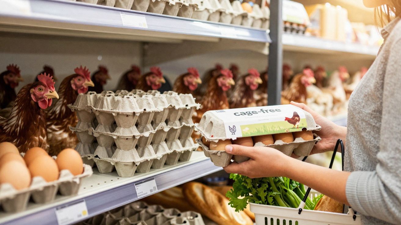 Pessoa a segurar embalagem de ovos cage-free numa prateleira de supermercado com galinhas ao fundo.