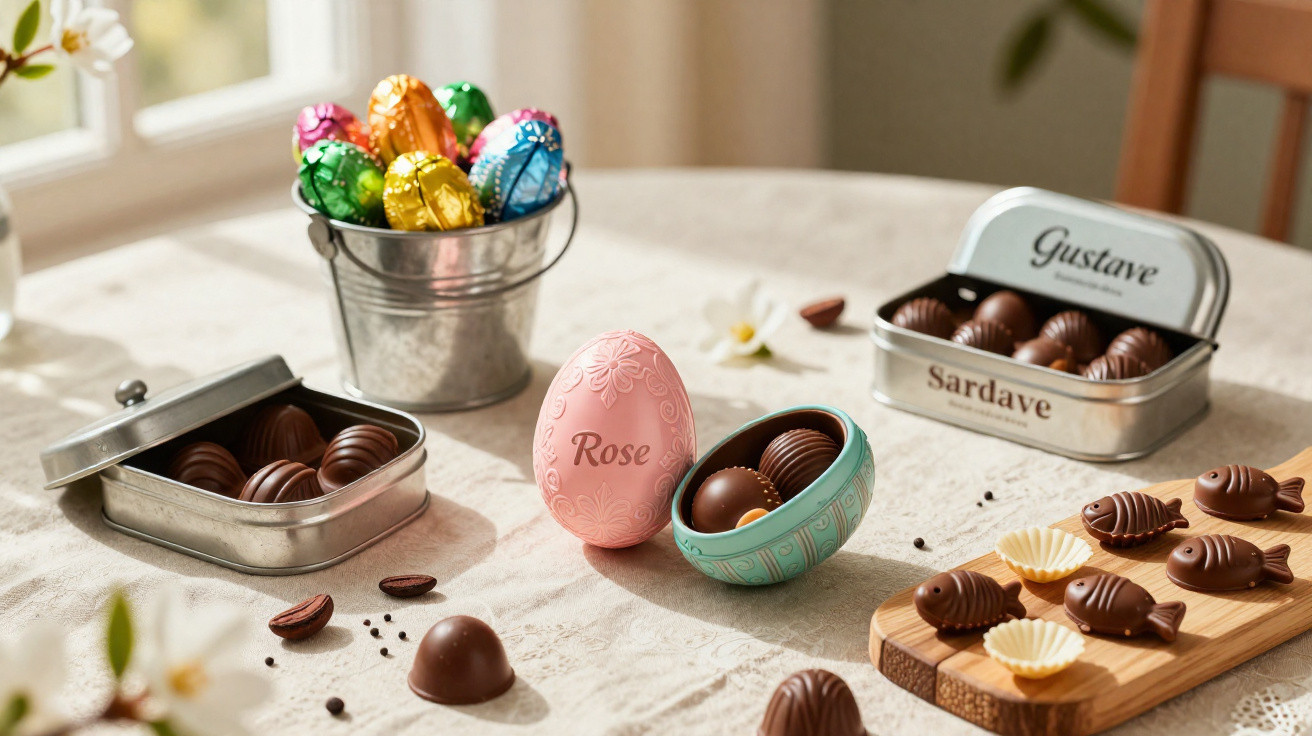 Ovos de Páscoa de chocolate decorados, ovos coloridos em balde metálico e caixa metálica com chocolates, sobre tecido claro.