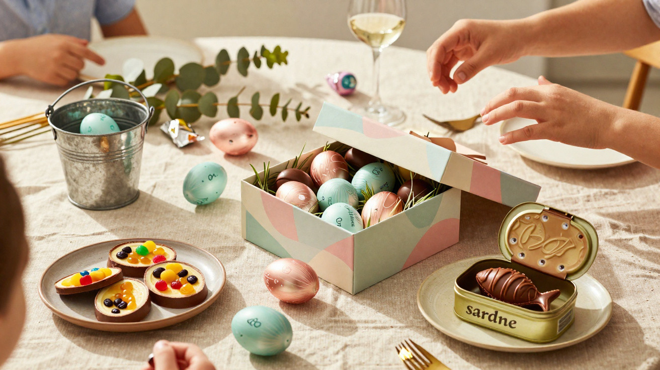Crianças sentadas à mesa com ovos de Páscoa coloridos, biscoitos e vidro de flores ao centro.