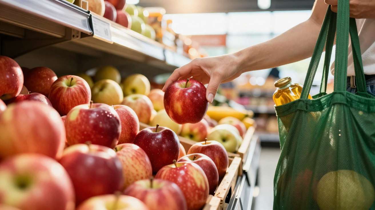 Pessoa a pegar uma maçã vermelha numa prateleira de supermercado, com sacola verde cheia de produtos.