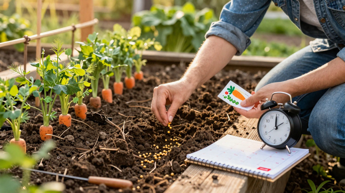 Pessoa a plantar sementes numa horta com mudas de cenoura, despertador e calendário ao lado.