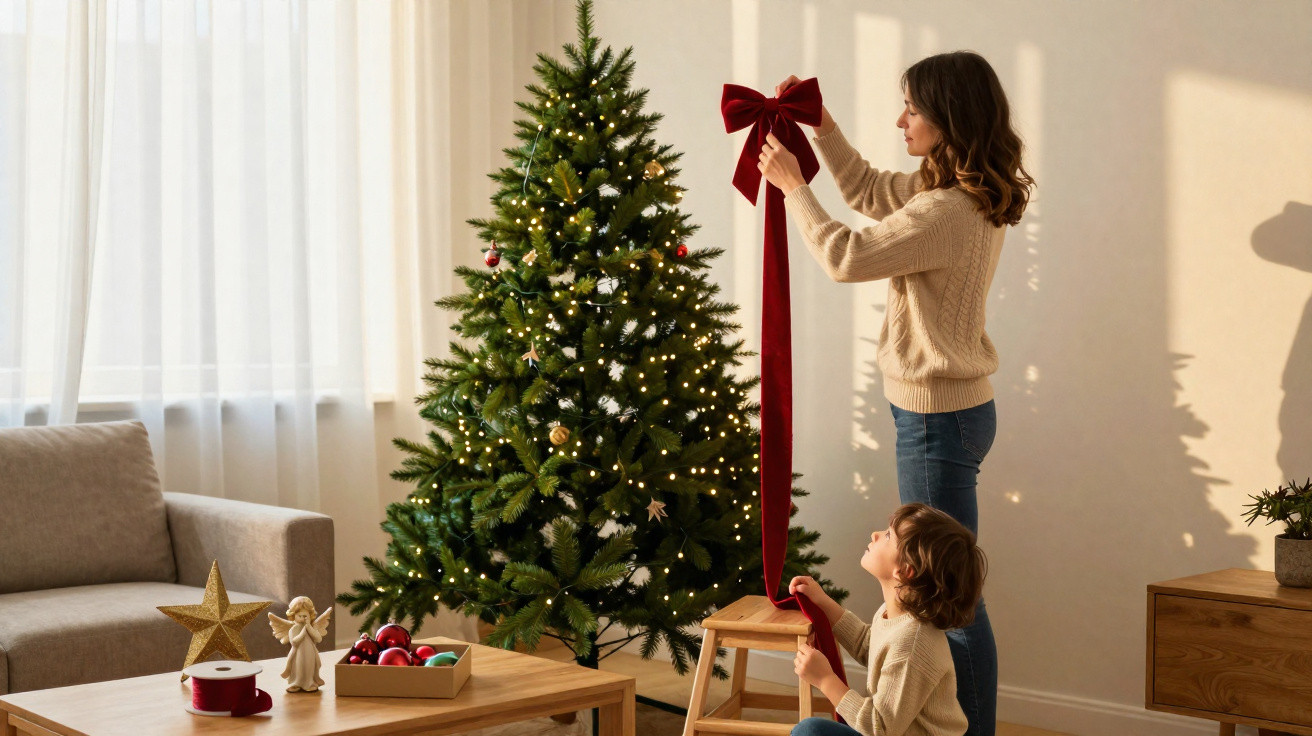 Mulher e menino a decorar árvore de Natal com laço vermelho numa sala iluminada pela janela.