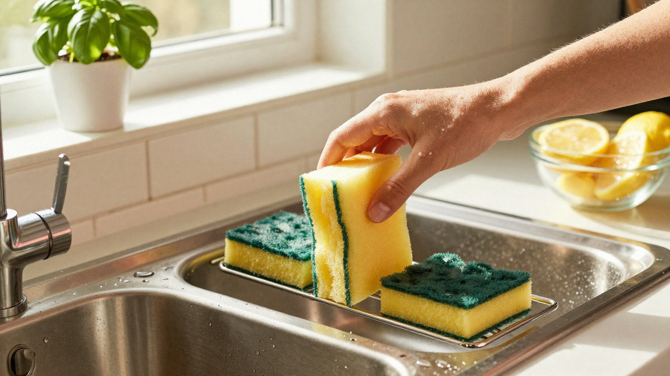 Pessoa a colocar uma esponja amarela para lavar louça numa banca de cozinha junto a uma janela com planta.