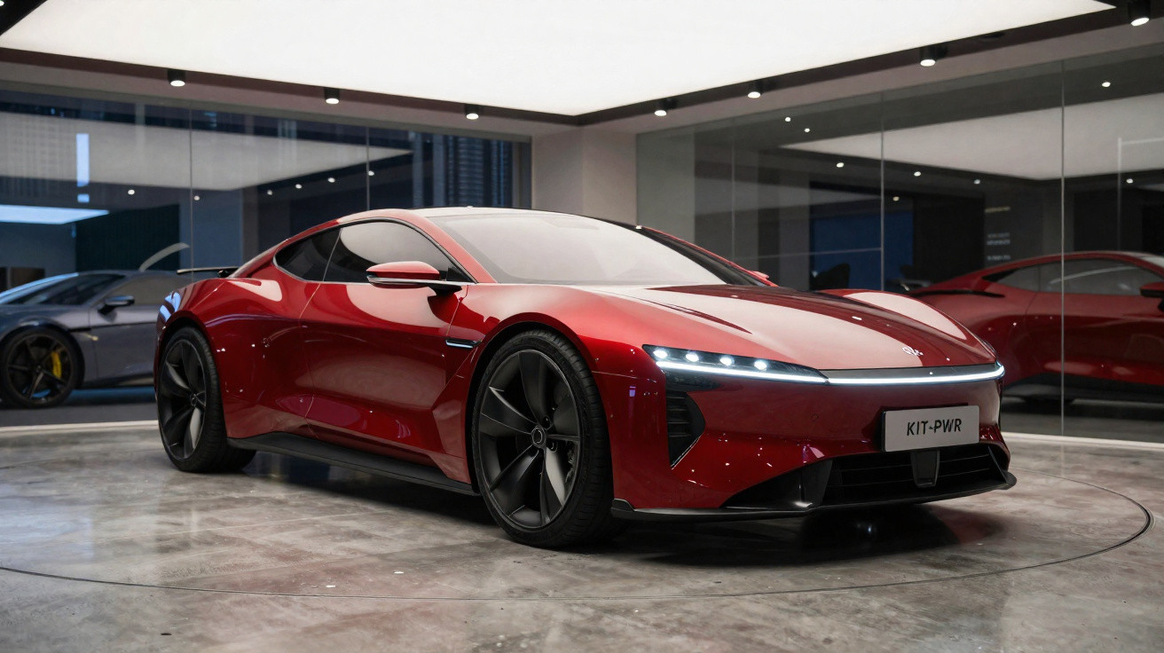 Carro desportivo elétrico vermelho com design aerodinâmico em exposição interior moderna.