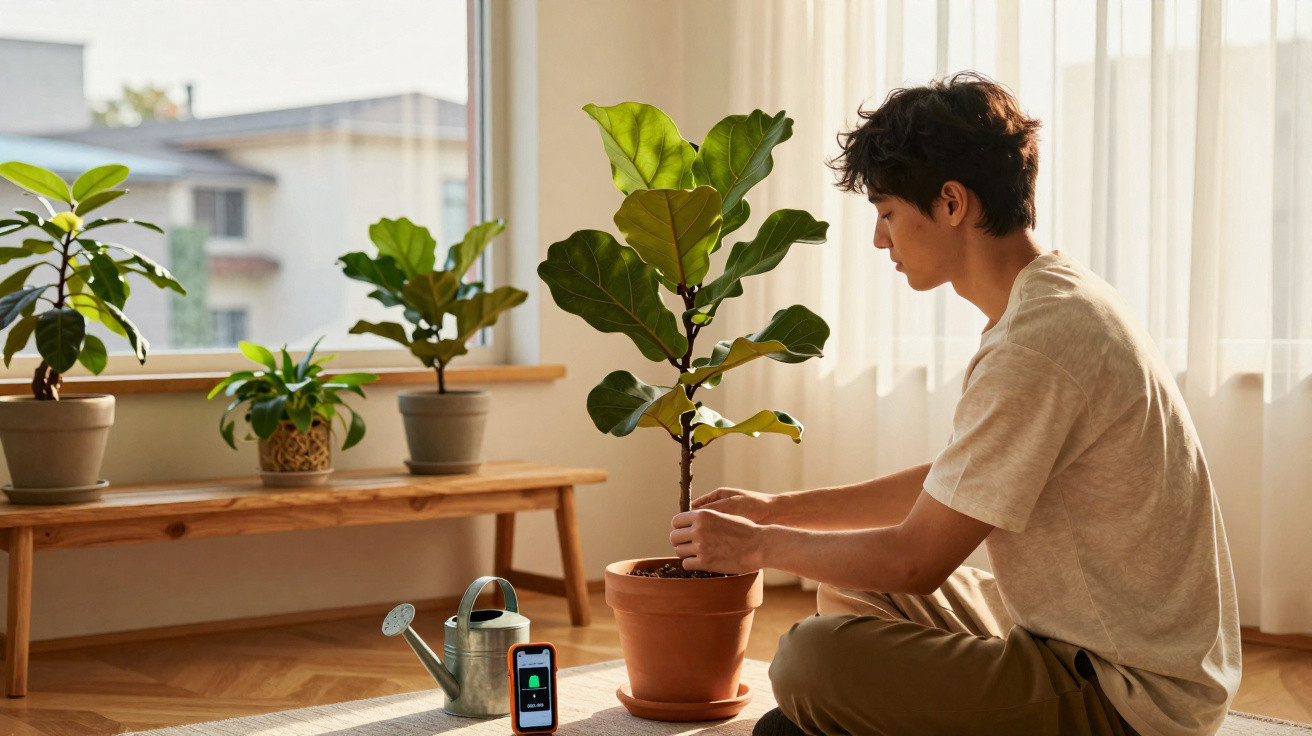 Jovem a cuidar de planta em vaso numa sala iluminada com várias plantas e regador sobre a mesa.