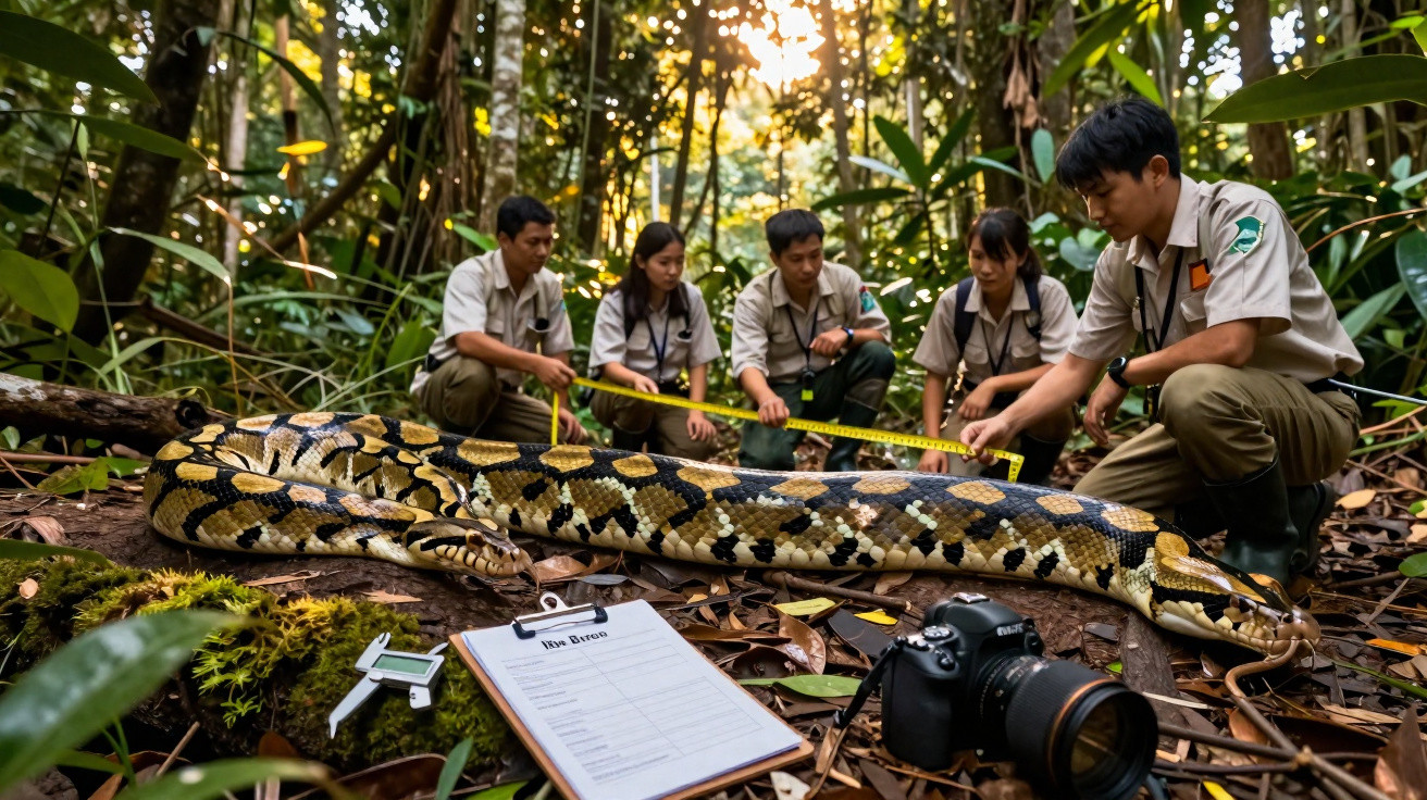 Equipe de investigadores mede uma grande píton amarela na floresta tropical.