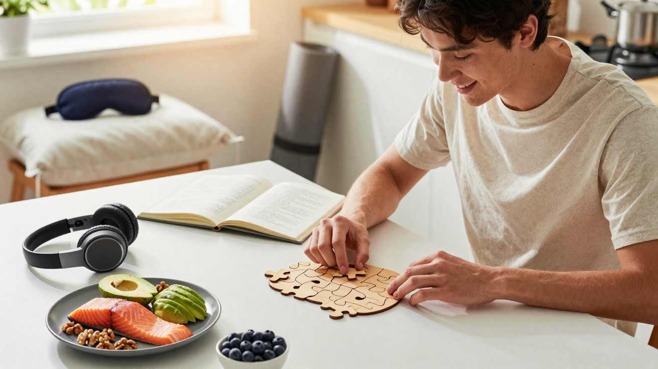 Jovem a montar puzzle de cérebro numa mesa com livro aberto, prato de comida saudável e auscultadores.