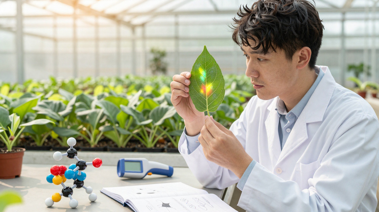 Cientista em laboratório agrícola analisa folha com equipamento científico em estufa com plantas.