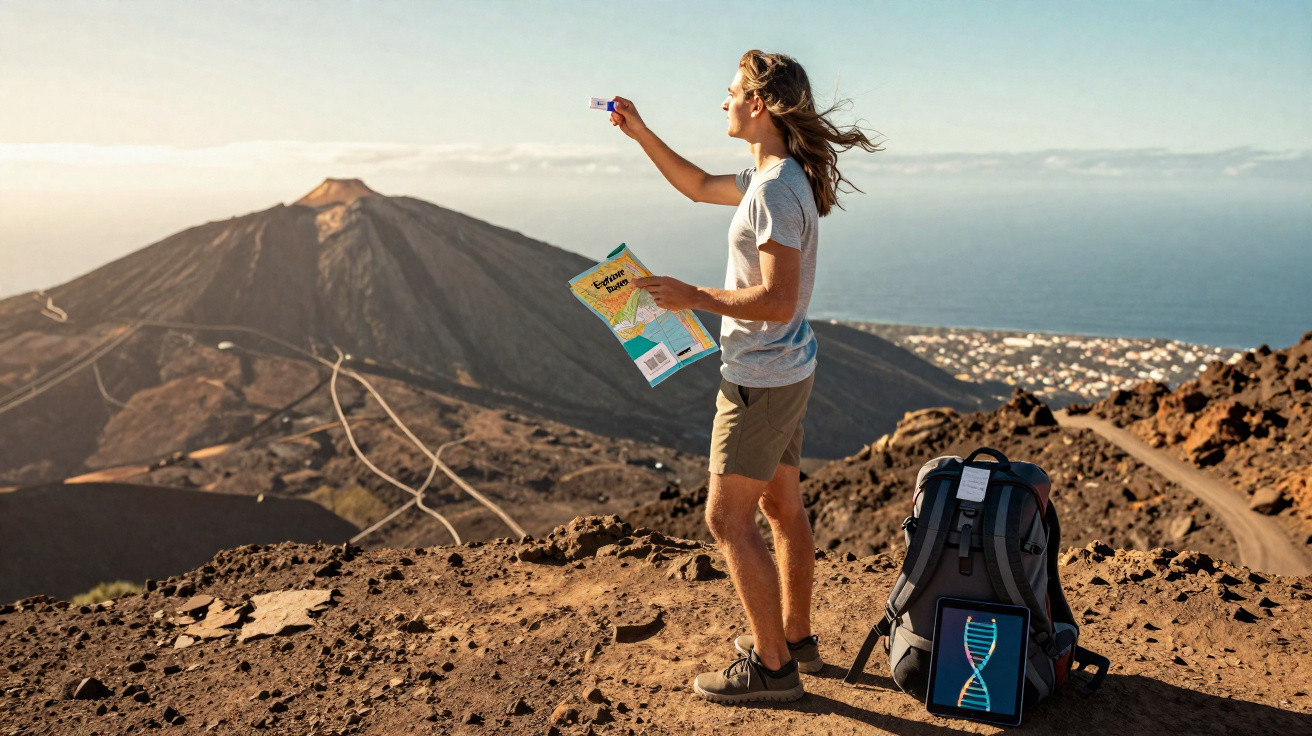 Jovem segurando mapa e dispositivo, de pé numa montanha com mochila e vistas panorâmicas ao fundo.